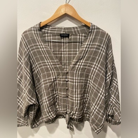Storia plaid button down tie front top Size Small - Picture 3 of 5